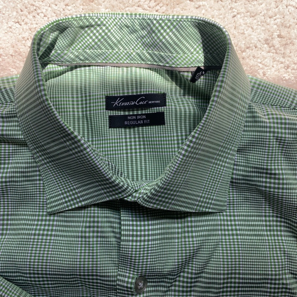 Kenneth Cole cotton Button Down Green Plaid Dress Shirt